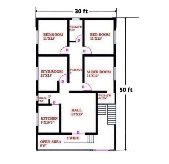 30×50 Best House Plan with the Four Bedrooms Hall and Kitchen.
