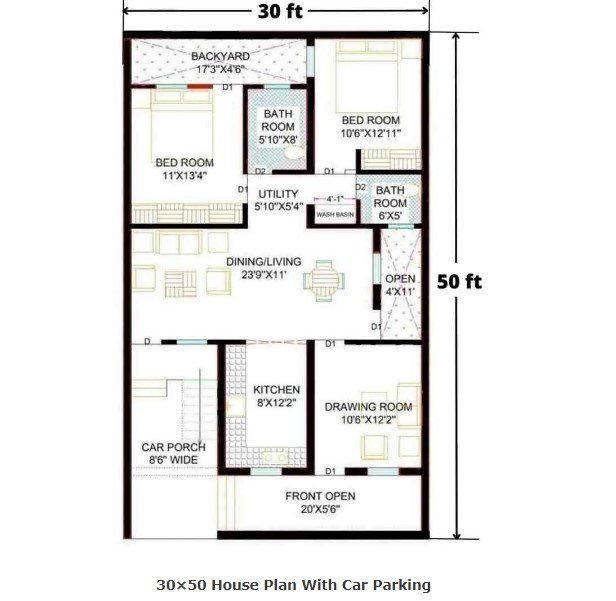 30×50 House Plan With Car Parking and garden