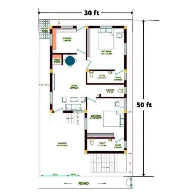 30 x 50 East Facing House Plan Two bedroom, Hall, Kitchen and Parking.