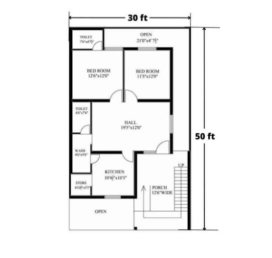 House Plan 30 x 50 North Facing with Two bedroom, Hall and Kitchen.