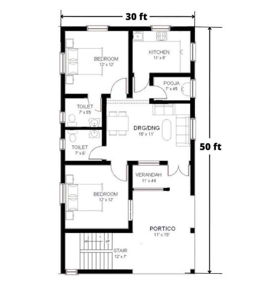 House Plans 30 x 50 Two Bedroom, Hall and Kitchen with Puja Room.